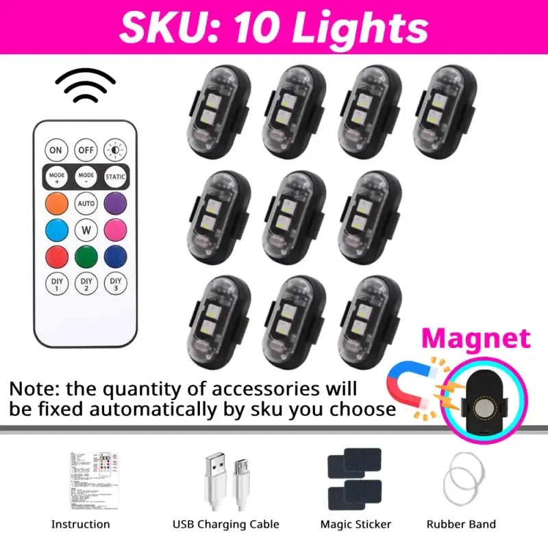 Wireless LED Strobe Light – 8 Colors, 10 Modes, IP65 Waterproof, Fits Cars, Drones & Bikes