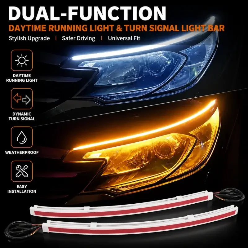 LED DRL Headlight Strip – Sequential Amber Turn Signal, Flexible, Universal Fit