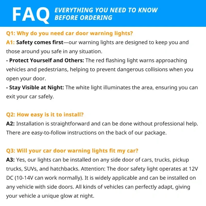 Car door warning lights FAQ: safety, easy install, fits cars, trucks, SUVs, 12V DC, night visibility