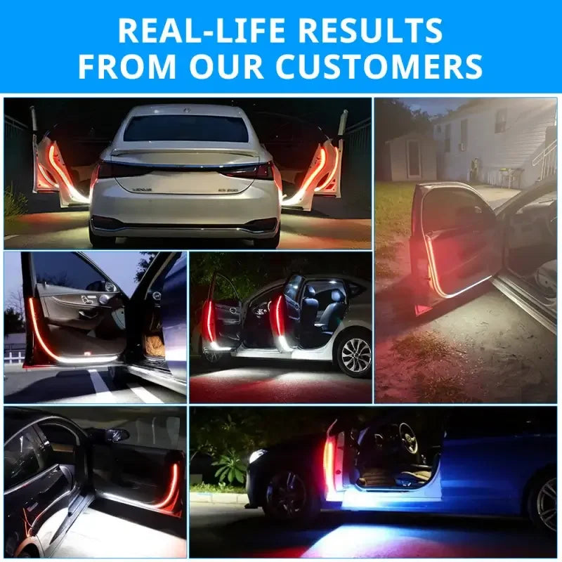 Car door LED accent lights glowing in red, white, and blue at night, enhancing vehicle style and visibility