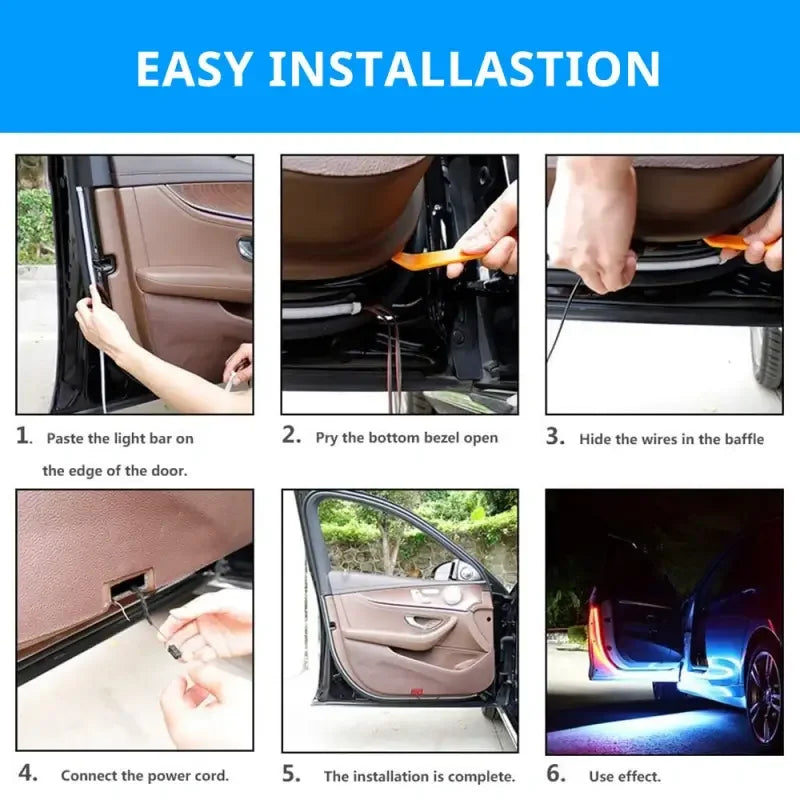 Easy installation steps for car door LED light bar with wiring and night glow effect