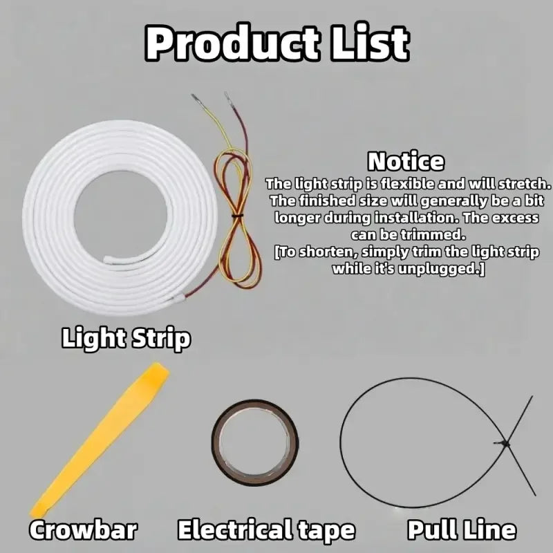 Flexible automotive light strip with crowbar, electrical tape, and pull line for easy installation