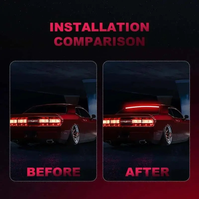 Before and after car tail light upgrade with sleek red LED strip for enhanced automotive lighting