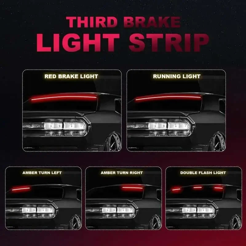 Third brake light strip with red brake, running, amber turn, and double flash modes for car rear lighting