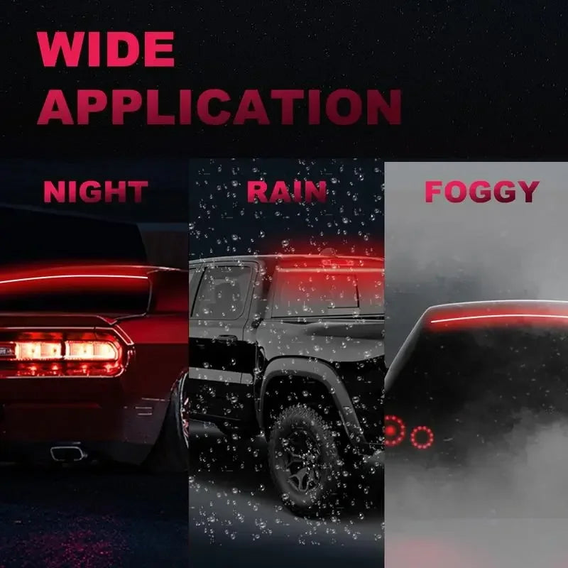 Red automotive LED lights glowing in night, rain, and fog for enhanced visibility and style