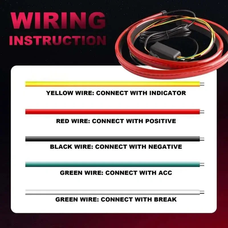 Automotive LED strip wiring diagram: yellow for indicator, red for positive, black for negative, green for ACC/break
