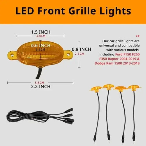LED front grille lights with amber lens, 1.5 inch, compatible with Ford F150, F250, F350 Raptor, Dodge Ram